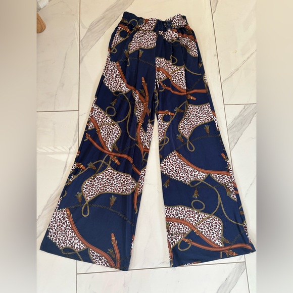 Robert Louis Pants - Robert Louis Navy Wide-Leg Printed Jumpsuit Pants with Brown & White Motif